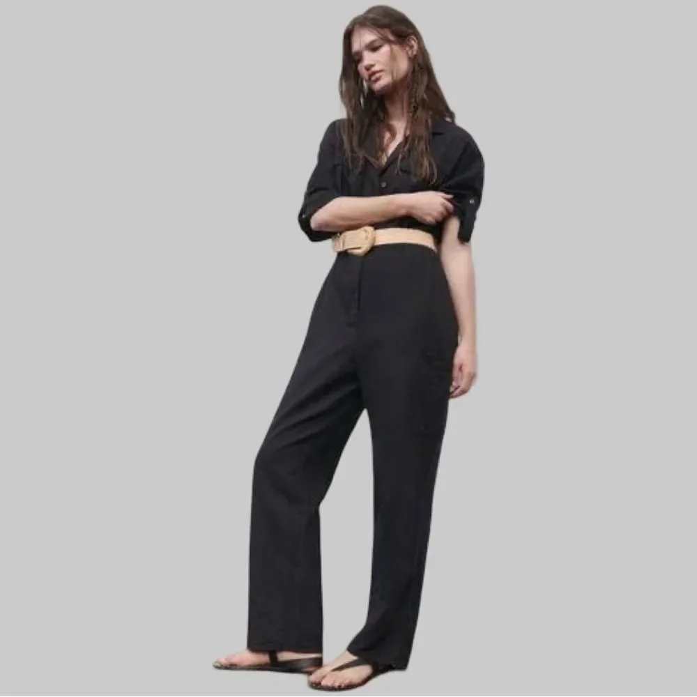 ZARA Linen Blend Button Front Utility Jumpsuit in Black | Medium